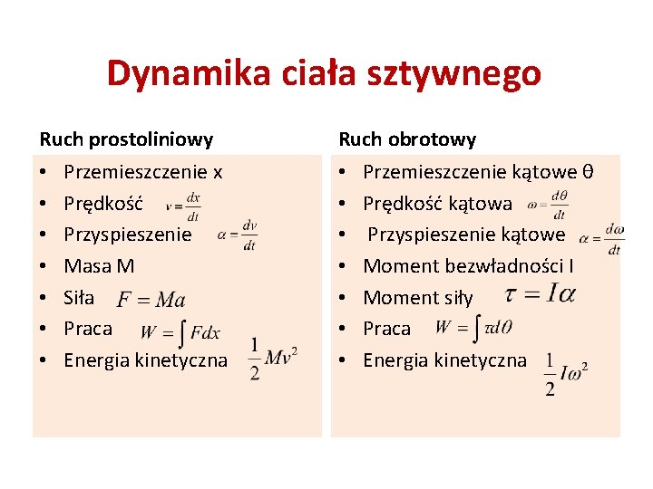 Dynamika ciała sztywnego Ruch prostoliniowy • • Przemieszczenie x Prędkość Przyspieszenie Masa M Siła