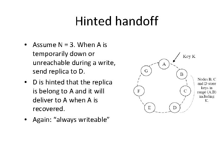 Hinted handoff • Assume N = 3. When A is temporarily down or unreachable