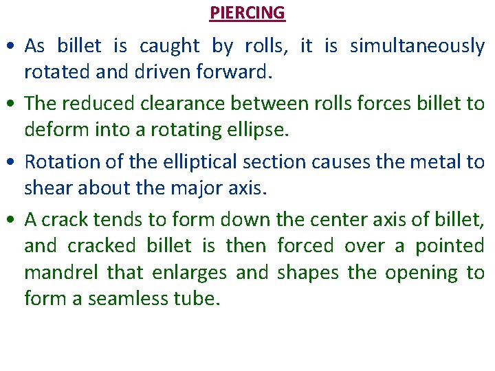 PIERCING • As billet is caught by rolls, it is simultaneously rotated and driven