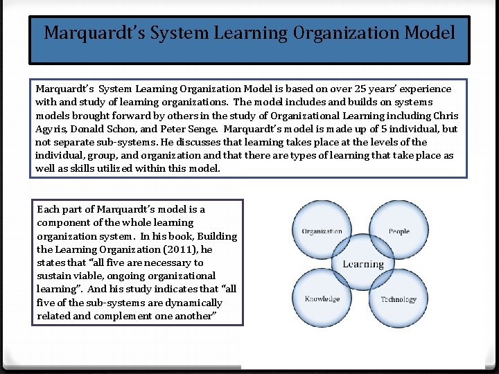 Marquardt’s System Learning Organization Model is based on over 25 years’ experience with and