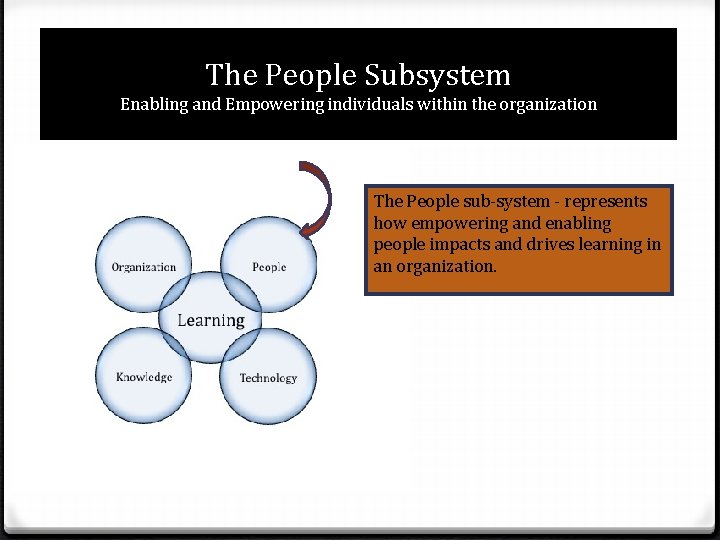 The People Subsystem Enabling and Empowering individuals within the organization The People sub-system -