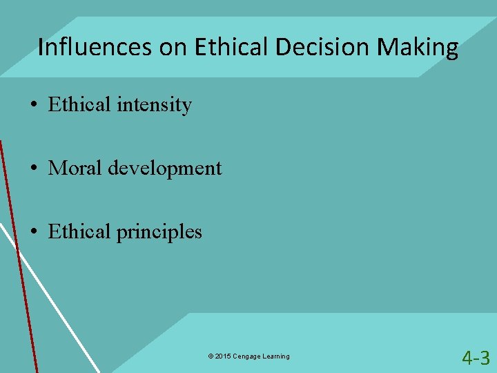Influences on Ethical Decision Making • Ethical intensity • Moral development • Ethical principles