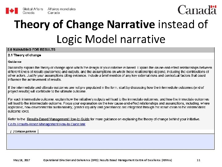 Theory of Change Narrative instead of Logic Model narrative May 18, 2017 Operational Direction