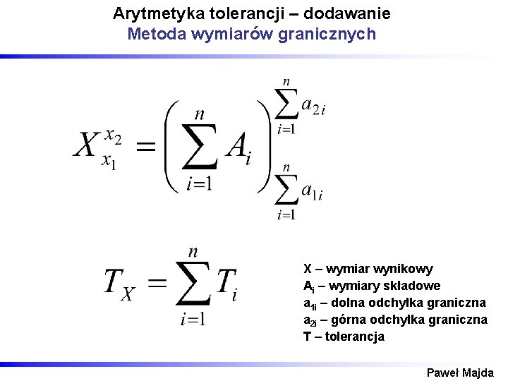 Arytmetyka tolerancji – dodawanie Metoda wymiarów granicznych X – wymiar wynikowy Ai – wymiary