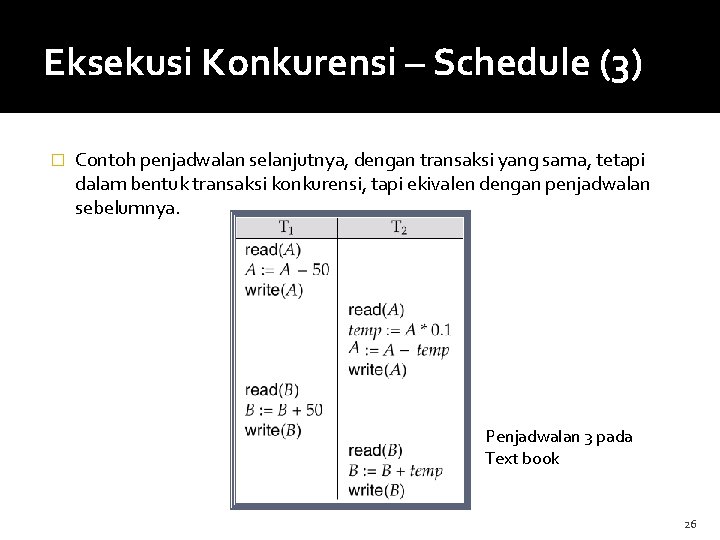 Eksekusi Konkurensi – Schedule (3) � Contoh penjadwalan selanjutnya, dengan transaksi yang sama, tetapi