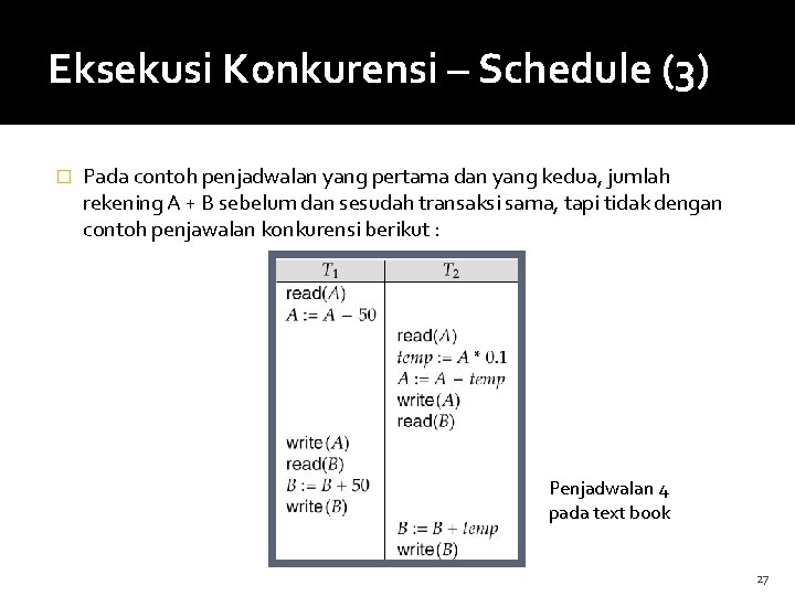 Eksekusi Konkurensi – Schedule (3) � Pada contoh penjadwalan yang pertama dan yang kedua,