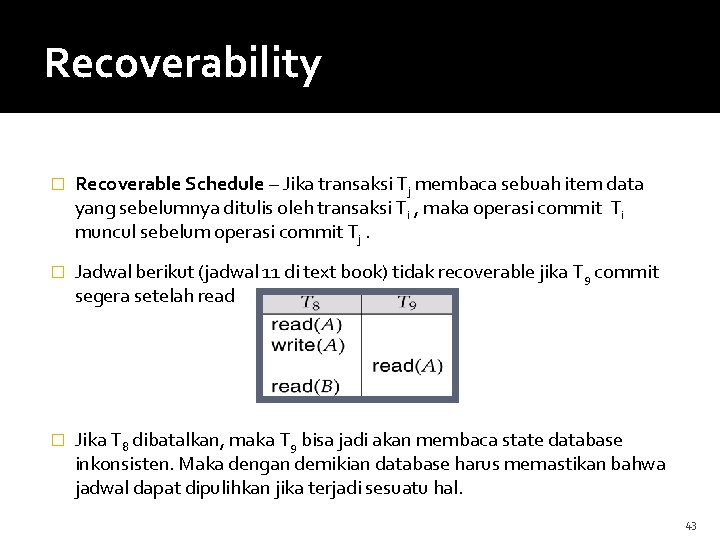 Recoverability � Recoverable Schedule – Jika transaksi Tj membaca sebuah item data yang sebelumnya