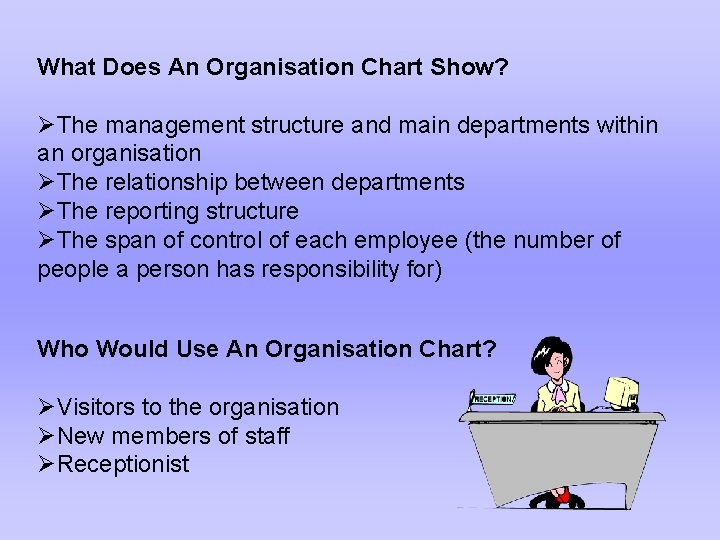 What Does An Organisation Chart Show? ØThe management structure and main departments within