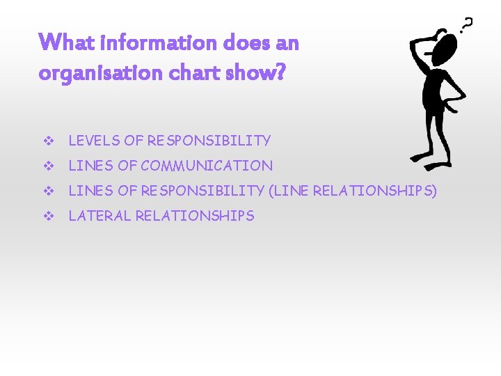 What information does an organisation chart show? v LEVELS OF RESPONSIBILITY v LINES OF