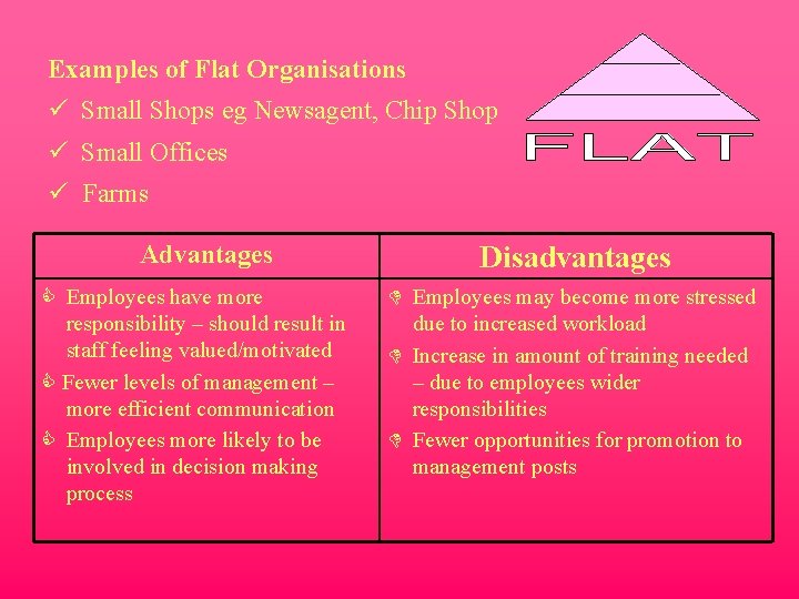 Examples of Flat Organisations ü Small Shops eg Newsagent, Chip Shop ü Small Offices