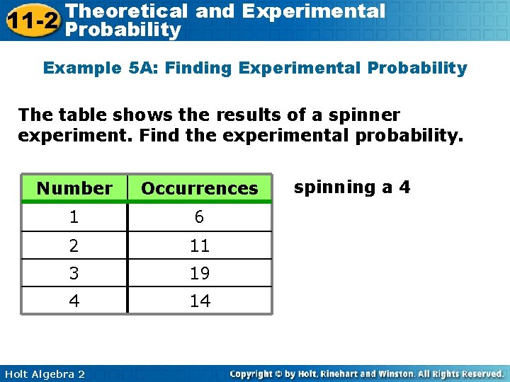 Theoretical and Experimental 11 -2 Probability Example 5 A: Finding Experimental Probability The table