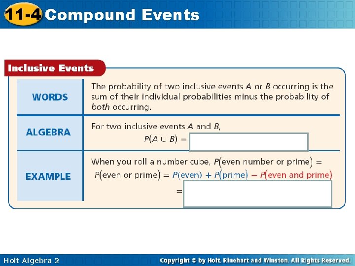 11 -4 Compound Events Holt Algebra 2 11 -4 Compound Events Holt Algebra 2