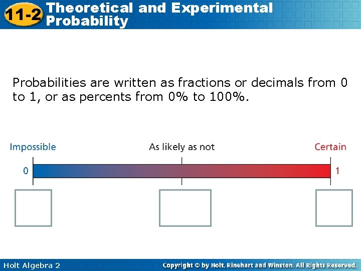 Theoretical and Experimental 11 -2 Probability Probabilities are written as fractions or decimals from