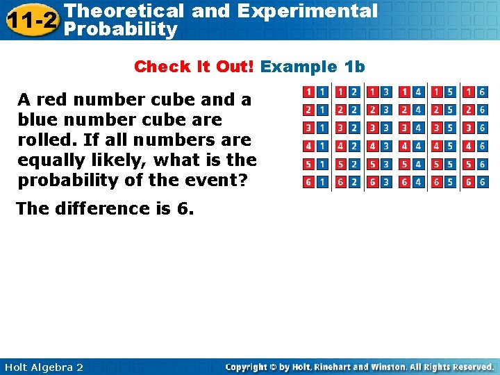Theoretical and Experimental 11 -2 Probability Check It Out! Example 1 b A red