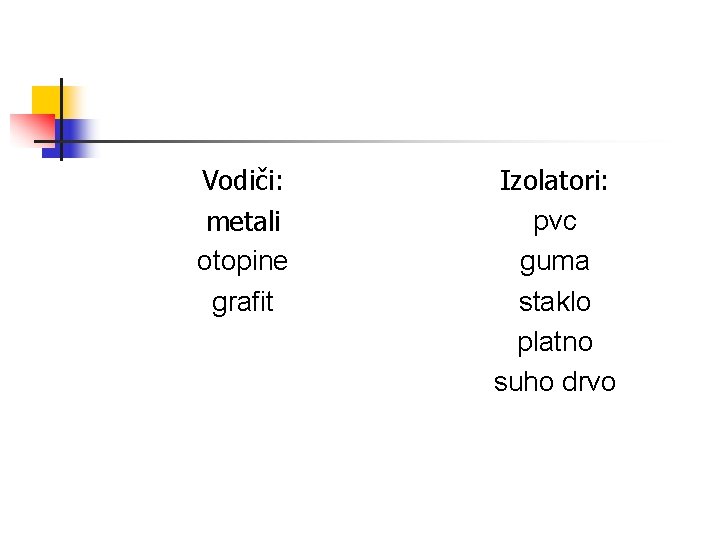 Vodiči: metali otopine grafit Izolatori: pvc guma staklo platno suho drvo 