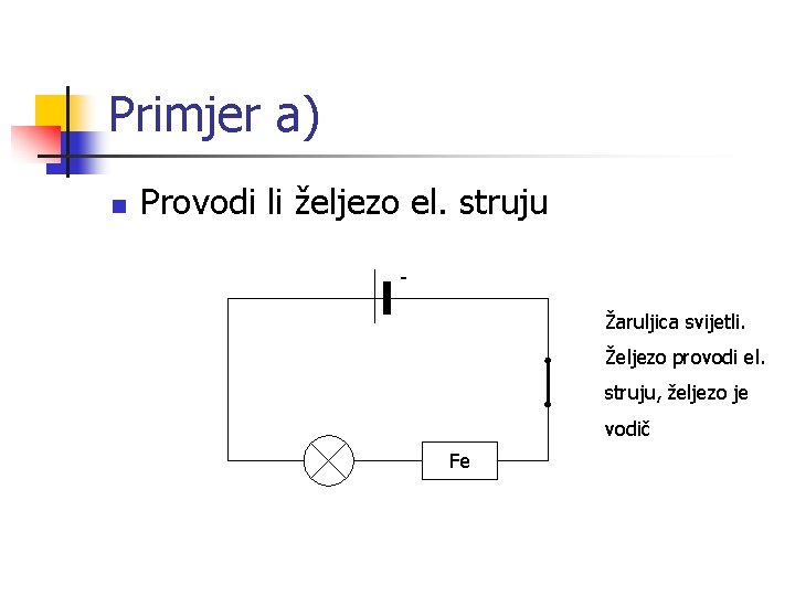 Primjer a) n Provodi li željezo el. struju Žaruljica svijetli. Željezo provodi el. struju,