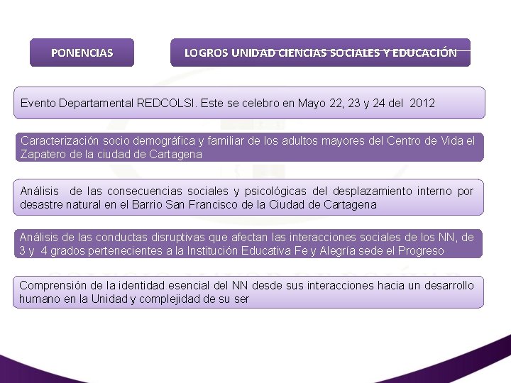 PONENCIAS LOGROS UNIDAD CIENCIAS SOCIALES Y EDUCACIÓN Evento Departamental REDCOLSI. Este se celebro en
