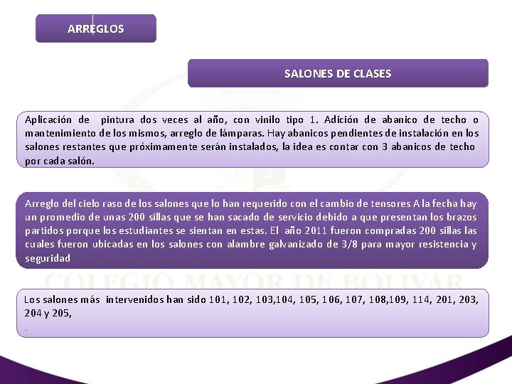 ARREGLOS SALONES DE CLASES Aplicación de pintura dos veces al año, con vinilo tipo