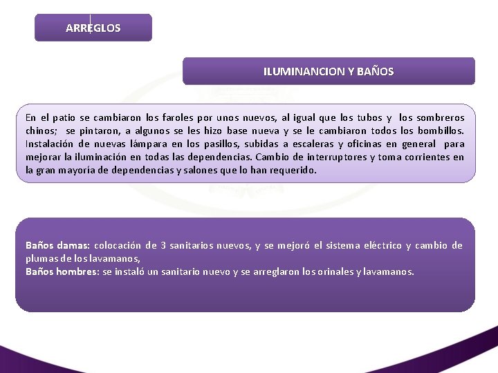 ARREGLOS ILUMINANCION Y BAÑOS En el patio se cambiaron los faroles por unos nuevos,