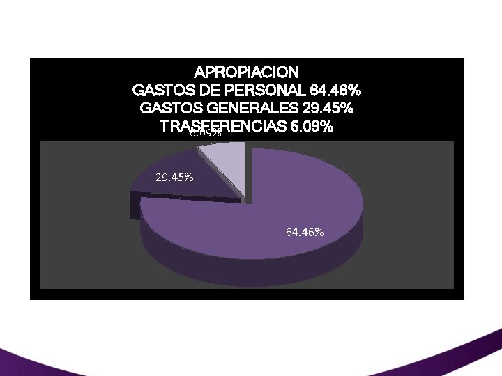 APROPIACION GASTOS DE PERSONAL 64. 46% GASTOS GENERALES 29. 45% TRASFERENCIAS 6. 09% 29.
