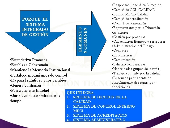 ELEMENTO S COMUNES PORQUE EL SISTEMA INTEGRADO DE GESTIÓN • Responsabilidad Alta Dirección •