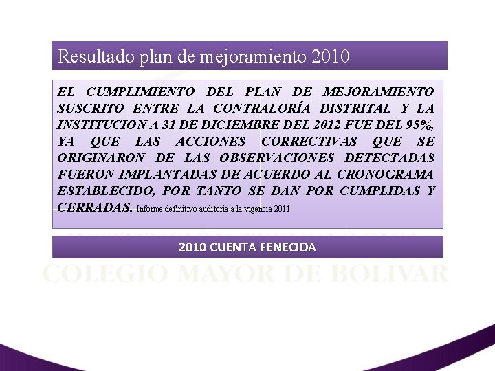 Resultado plan de mejoramiento 2010 EL CUMPLIMIENTO DEL PLAN DE MEJORAMIENTO SUSCRITO ENTRE LA