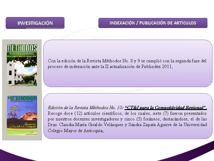 INVESTIGACIÓN INDEXACIÓN / PUBLICACIÓN DE ARTÍCULOS Con la edición de la Revista Méthodos No.