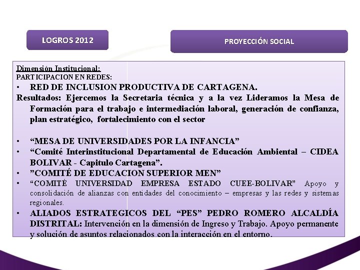 LOGROS 2012 PROYECCIÓN SOCIAL Dimensión Institucional: PARTICIPACION EN REDES: • RED DE INCLUSION PRODUCTIVA