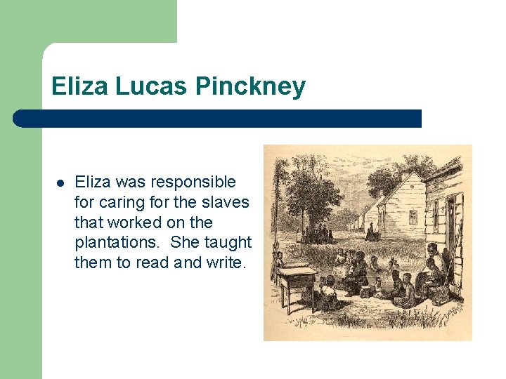 Eliza Lucas Pinckney l Eliza was responsible for caring for the slaves that worked