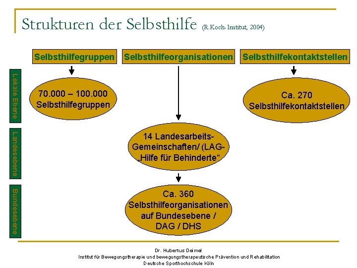 Strukturen der Selbsthilfegruppen (R. Koch-Institut, 2004) Selbsthilfeorganisationen Lokale Ebene 70. 000 – 100. 000