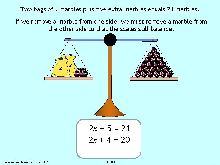 Two bags of x marbles plus five extra marbles equals 21 marbles. If we