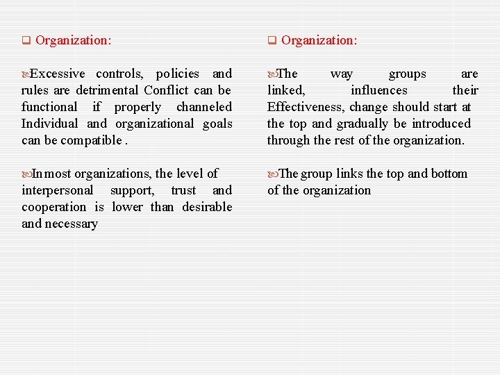 Organization: Excessive controls, policies and rules are detrimental Conflict can be functional if