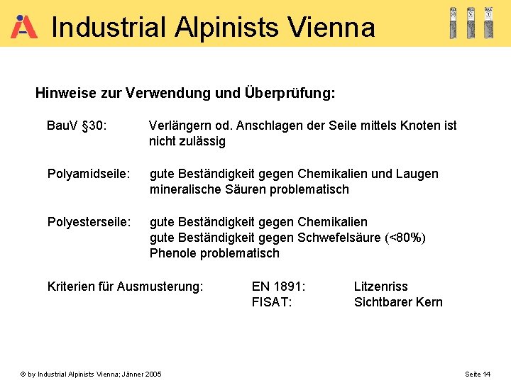 Industrial Alpinists Vienna Hinweise zur Verwendung und Überprüfung: Bau. V § 30: Verlängern od.