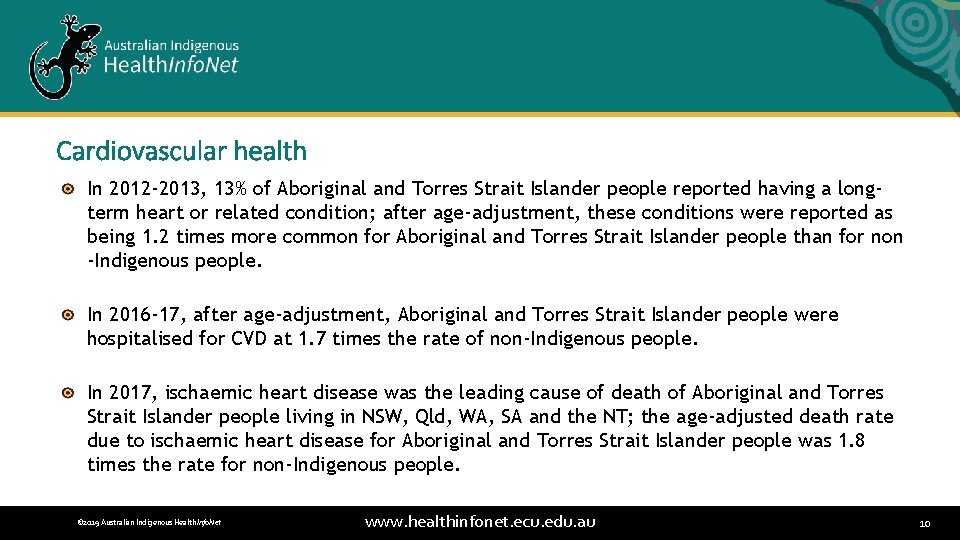 Cardiovascular health In 2012 -2013, 13% of Aboriginal and Torres Strait Islander people reported