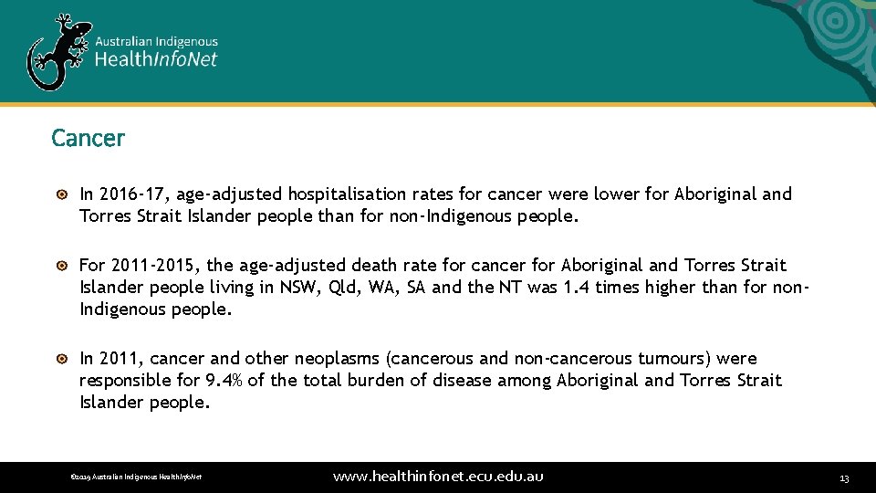 Cancer In 2016 -17, age-adjusted hospitalisation rates for cancer were lower for Aboriginal and