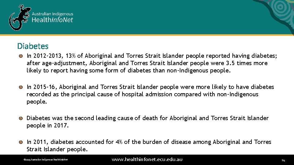 Diabetes In 2012 -2013, 13% of Aboriginal and Torres Strait Islander people reported having