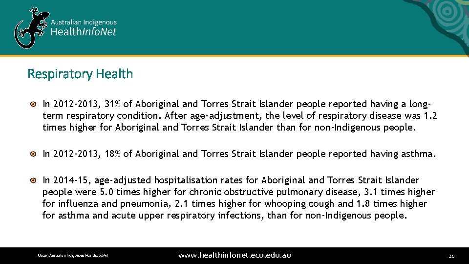 Respiratory Health In 2012 -2013, 31% of Aboriginal and Torres Strait Islander people reported