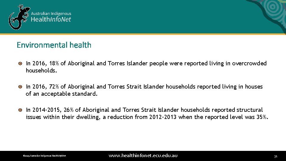 Environmental health In 2016, 18% of Aboriginal and Torres Islander people were reported living