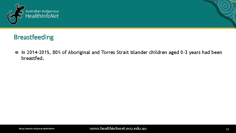 Breastfeeding In 2014 -2015, 80% of Aboriginal and Torres Strait Islander children aged 0