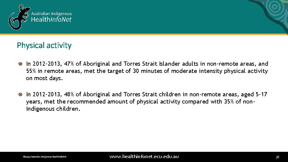 Physical activity In 2012 -2013, 47% of Aboriginal and Torres Strait Islander adults in