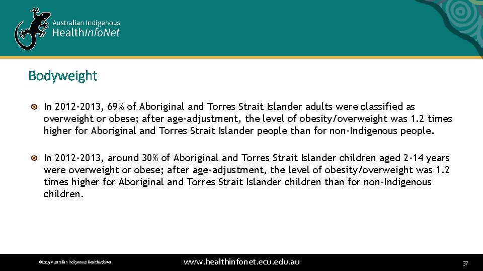 Bodyweight In 2012 -2013, 69% of Aboriginal and Torres Strait Islander adults were classified