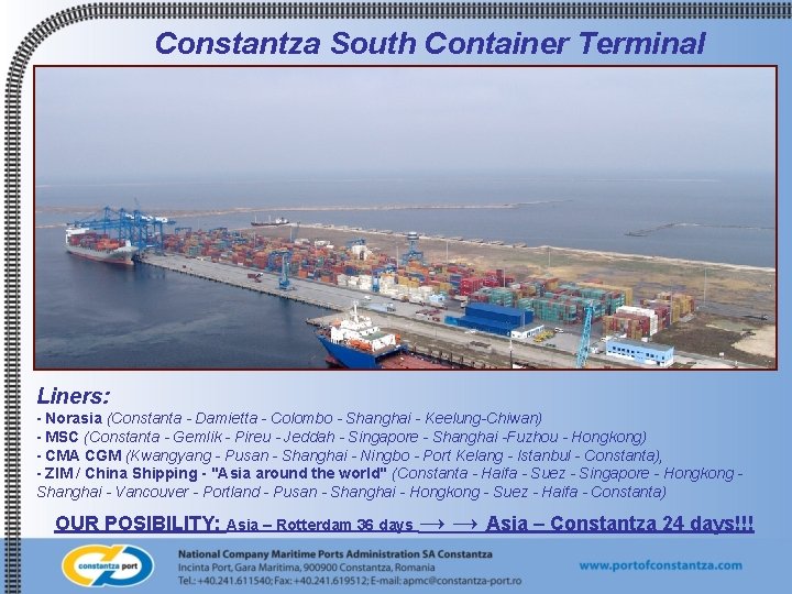 Constantza South Container Terminal Liners: - Norasia (Constanta - Damietta - Colombo - Shanghai