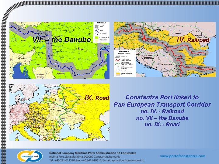 VII. – the Danube IX. Road IV. Railroad Constantza Port linked to Pan European