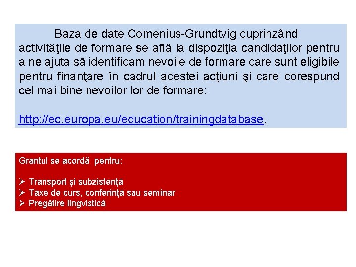 Baza de date Comenius-Grundtvig cuprinzând activităţile de formare se află la dispoziţia candidaţilor pentru