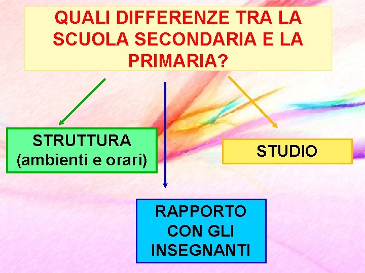 QUALI DIFFERENZE TRA LA SCUOLA SECONDARIA E LA PRIMARIA? STRUTTURA (ambienti e orari) STUDIO