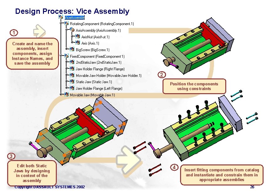 Design Process: Vice Assembly 1 Create and name the assembly, insert components, assign Instance