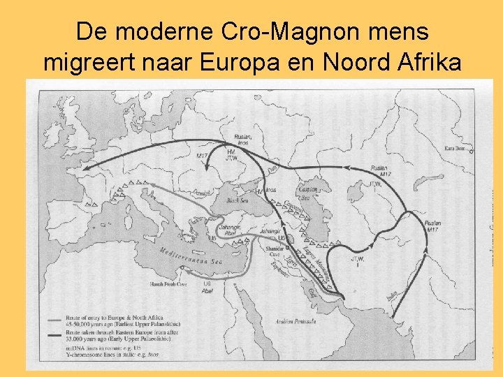 De moderne Cro-Magnon mens migreert naar Europa en Noord Afrika 
