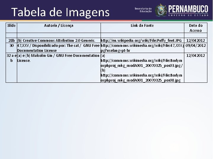 Tabela de Imagens Slide Autoria / Licença Link da Fonte Data do Acesso 28