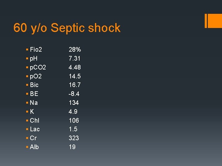 60 y/o Septic shock § Fio 2 § p. H § p. CO 2