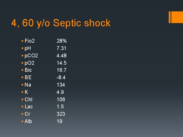 4, 60 y/o Septic shock § Fio 2 § p. H § p. CO